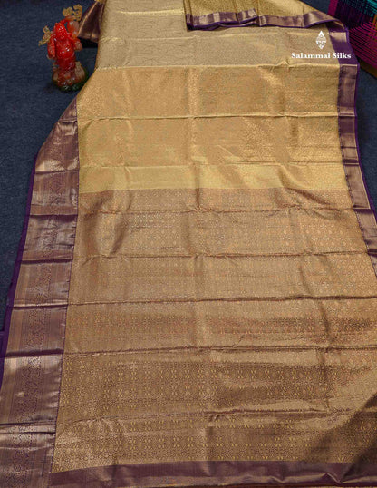 Beautiful Cream Sandal Tissue Bridal Semi Silk Saree With Contrast Dark Purple Traditional Evening Morning Border