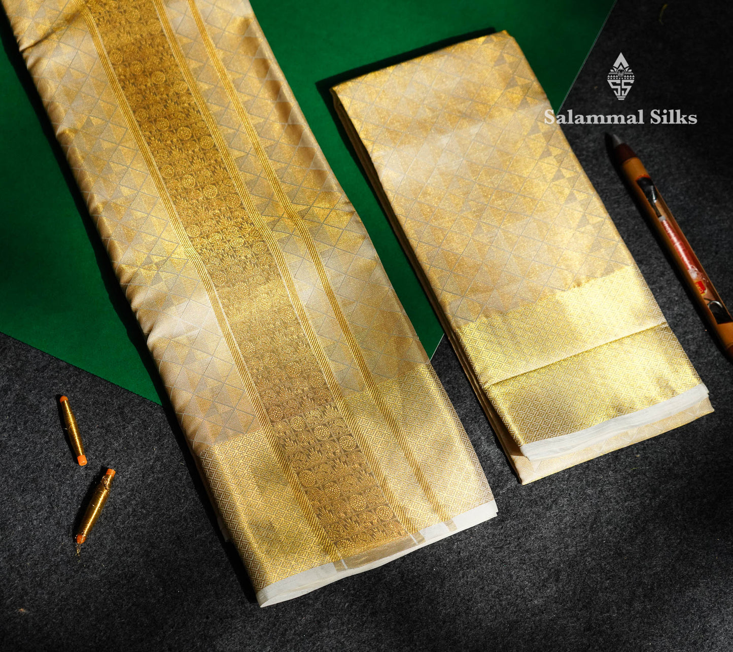 Gold Tissue Pure Silk Dhoti, Angavastram & Shirt (2.50M) with Gold Zari Border