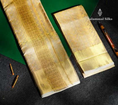 Gold Tissue Pure Silk Dhoti, Angavastram & Shirt (2.50M) with Gold Zari Border
