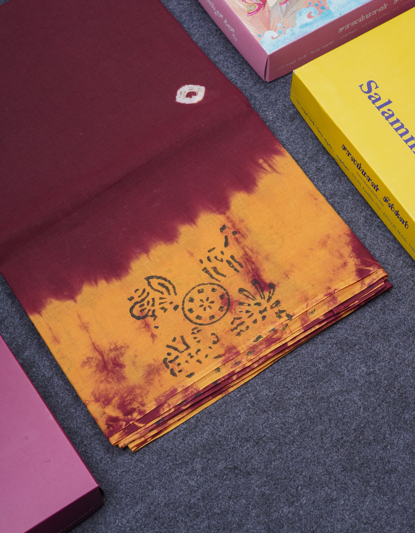 Dark Brown Batik Print Sungudi Pure Cotton Saree With Contrast Mango Yellow Blouse