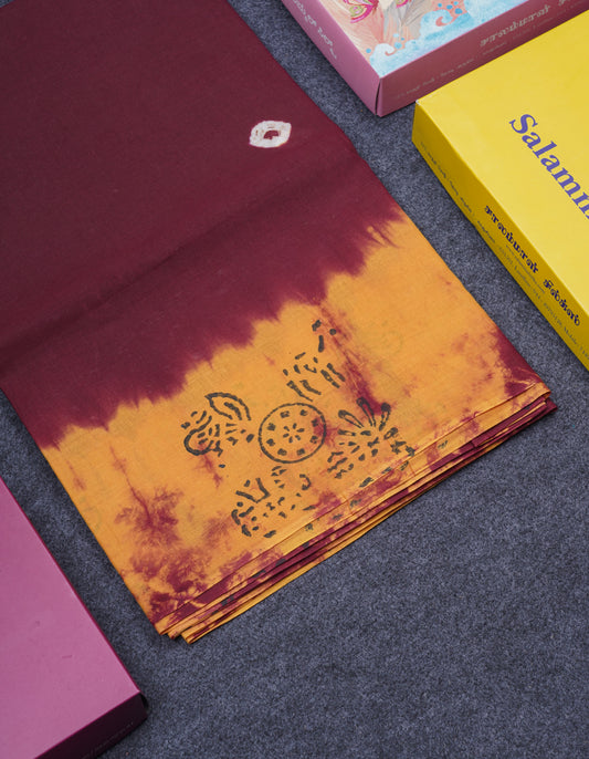 Dark Brown Batik Print Sungudi Pure Cotton Saree With Contrast Mango Yellow Blouse