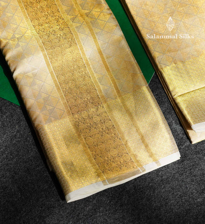 Gold Tissue Pure Silk Dhoti, Angavastram & Shirt (2.50M) with Gold Zari Border
