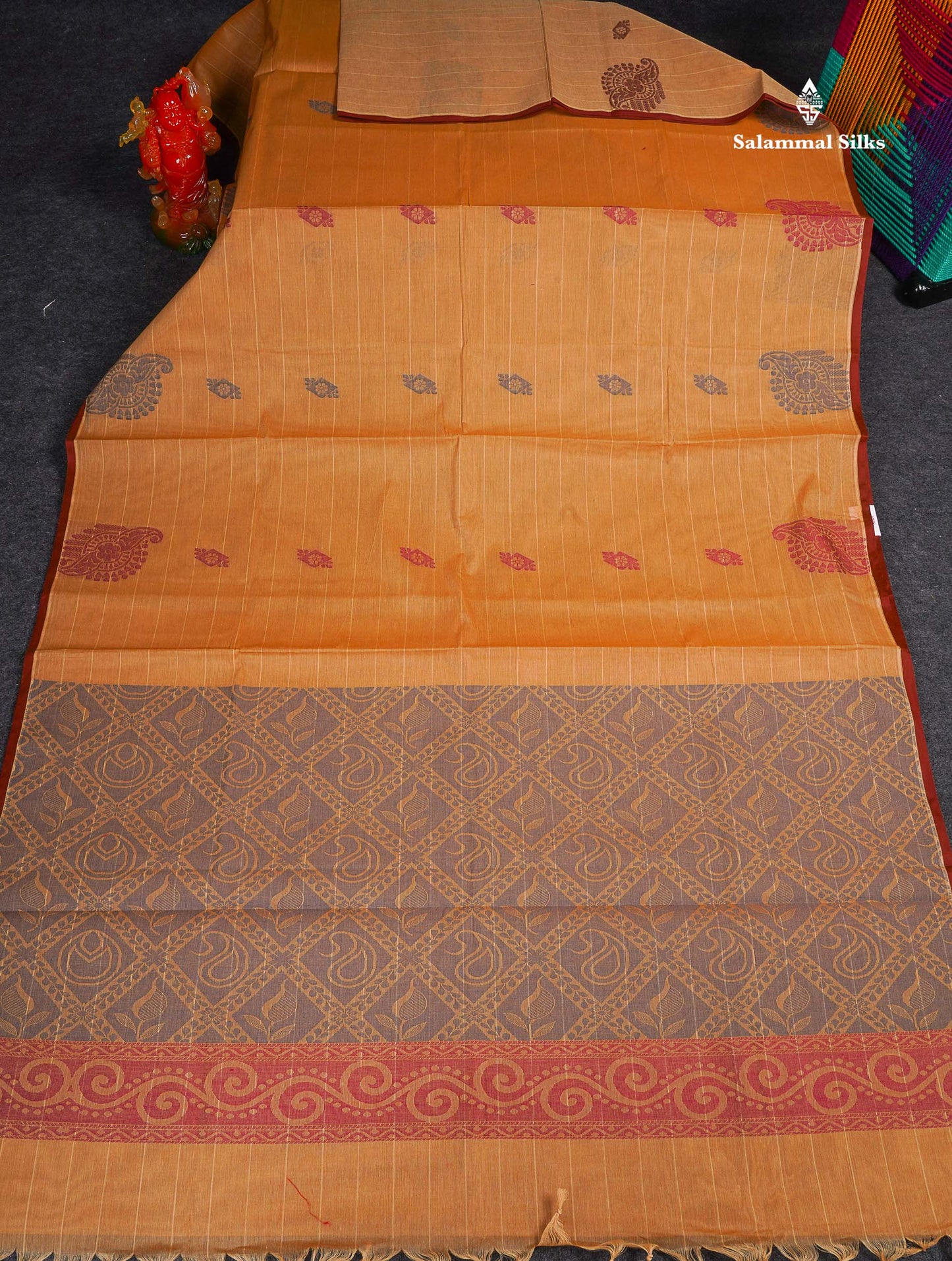Pure Cotton Saree - Dark Sandal Colour Body Lines With Fancy Thread Work Buttas