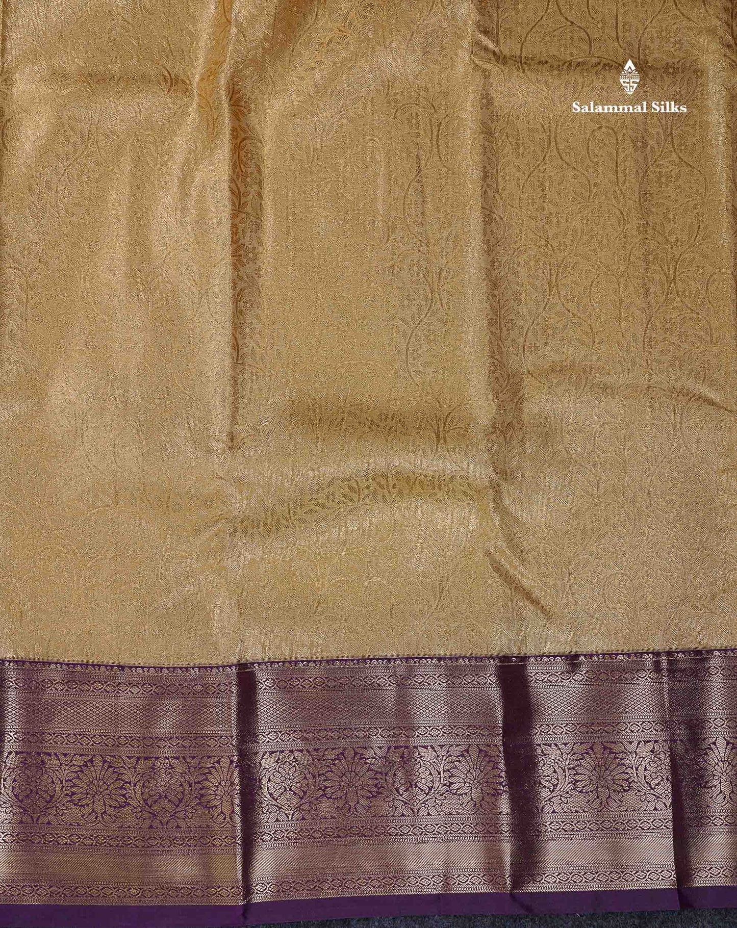 Beautiful Cream Sandal Tissue Bridal Semi Silk Saree With Contrast Dark Purple Traditional Evening Morning Border