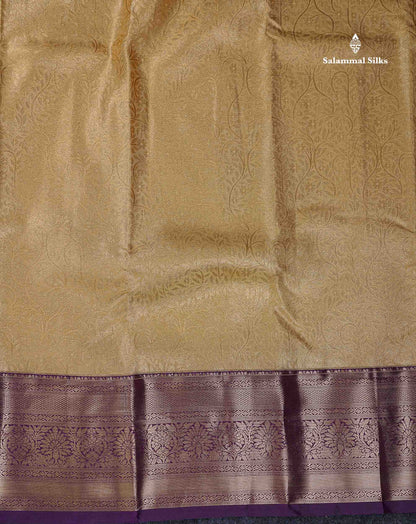 Beautiful Cream Sandal Tissue Bridal Semi Silk Saree With Contrast Dark Purple Traditional Evening Morning Border