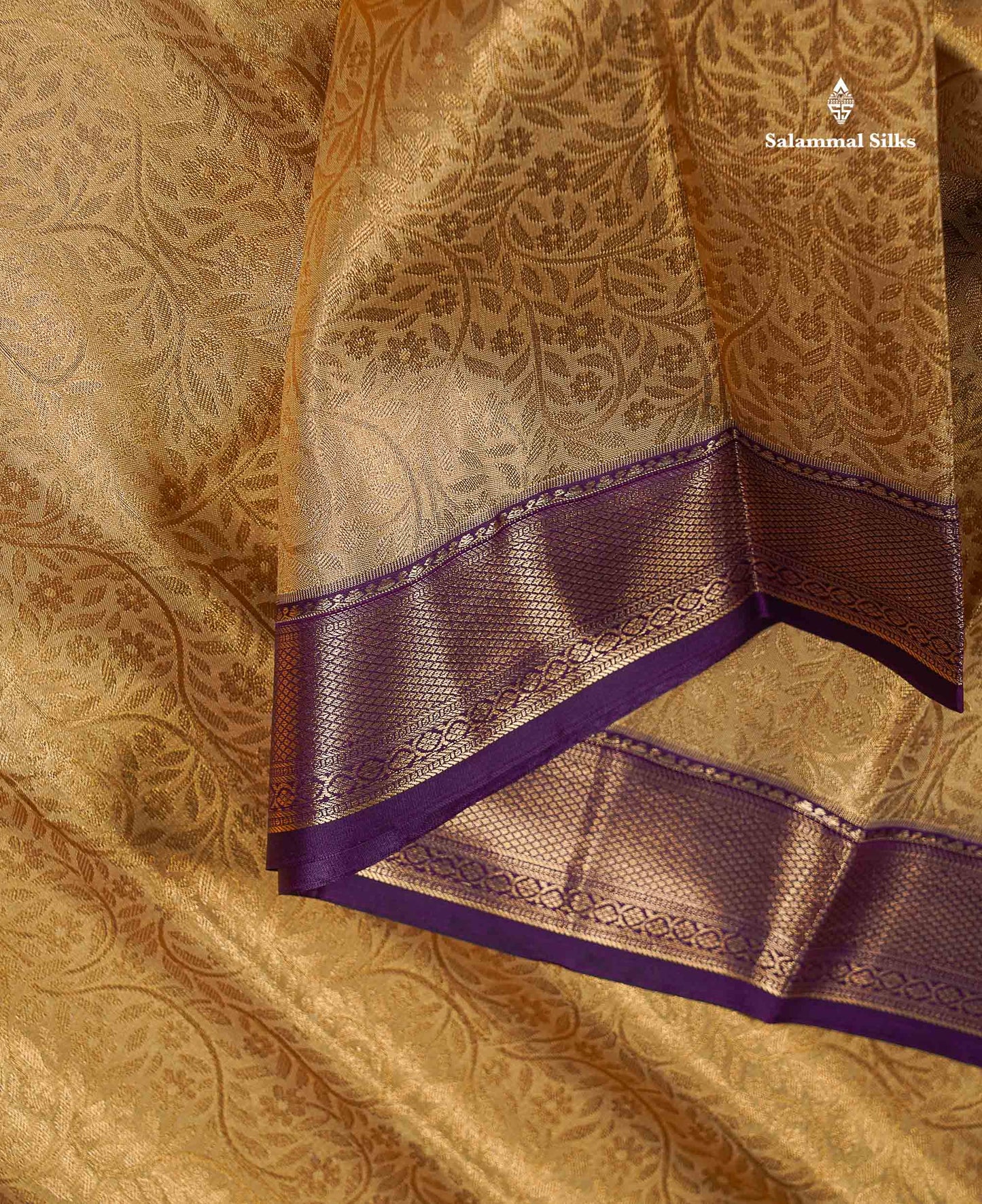 Beautiful Cream Sandal Tissue Bridal Semi Silk Saree With Contrast Dark Purple Traditional Evening Morning Border
