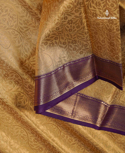 Beautiful Cream Sandal Tissue Bridal Semi Silk Saree With Contrast Dark Purple Traditional Evening Morning Border