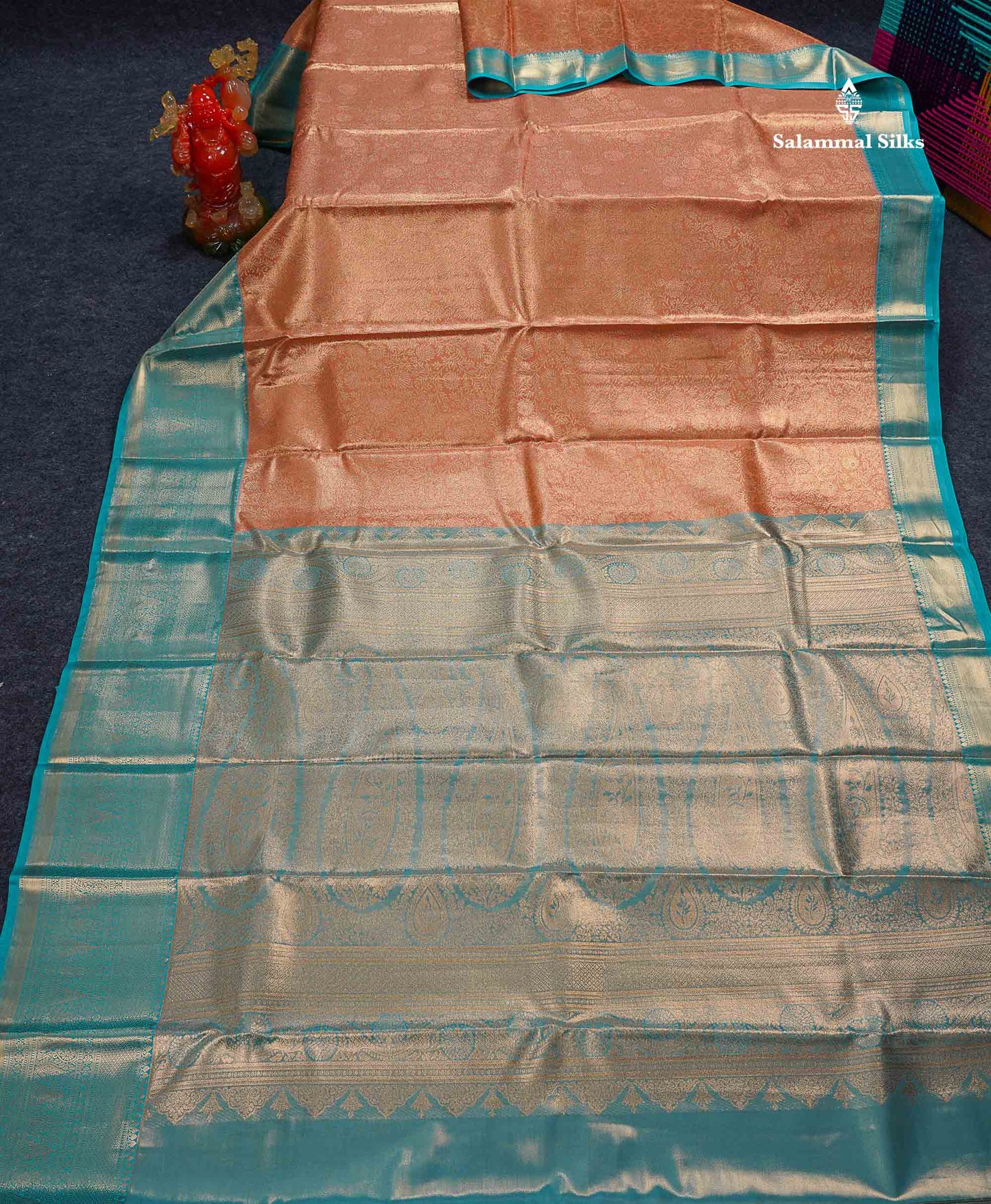 Beautiful Peach Tissue Bridal Semi Silk Saree With Contrast Sapphire Green Traditional Evening Morning Border