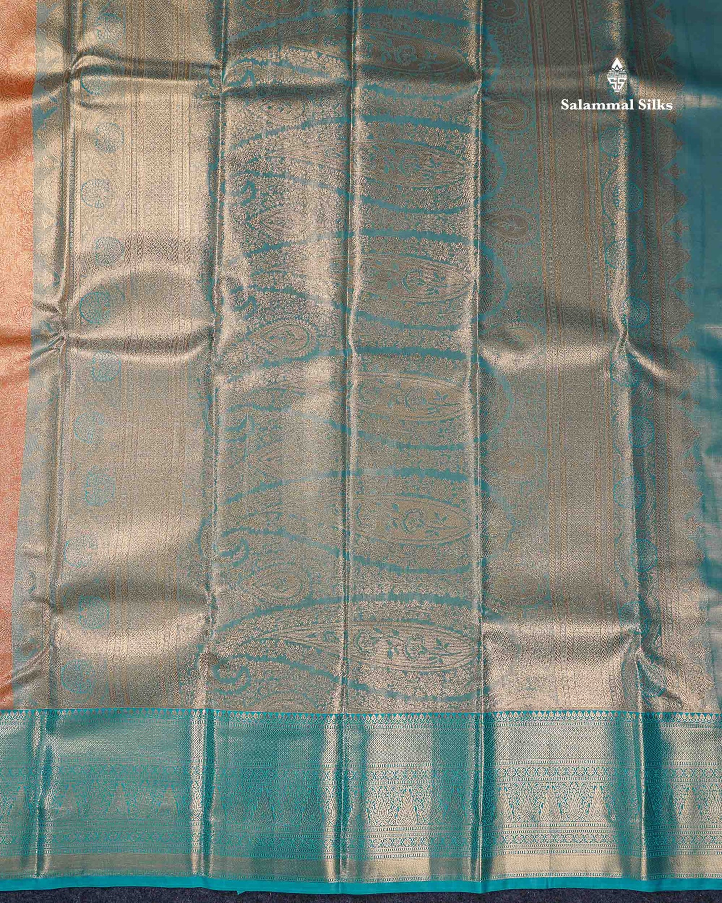 Beautiful Peach Tissue Bridal Semi Silk Saree With Contrast Sapphire Green Traditional Evening Morning Border