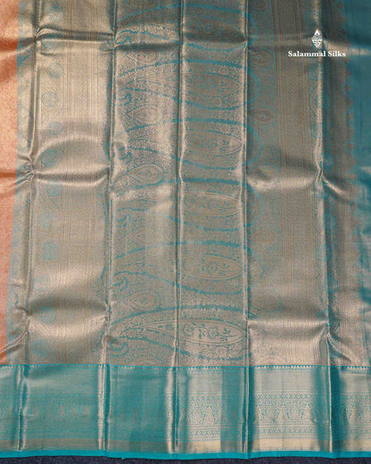 Beautiful Peach Tissue Bridal Semi Silk Saree With Contrast Sapphire Green Traditional Evening Morning Border