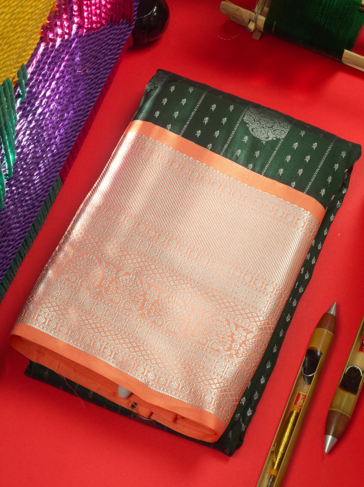 Bottle Green Silver Zari Buttas Semi Silk Saree With Contrast Peach Border