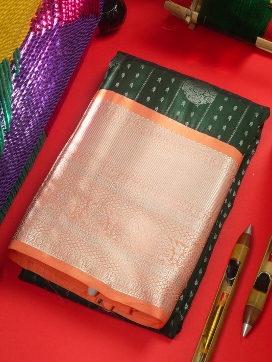 Bottle Green Silver Zari Buttas Semi Silk Saree With Contrast Peach Border