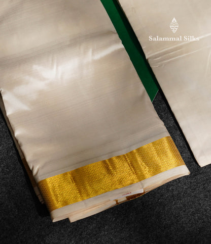 Cream Pure Silk Dhoti, Angavastram & Shirt (2.50M) with Golden Zari Border
