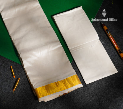 Cream Pure Silk Dhoti, Angavastram & Shirt (2.50M) with Golden Zari Border
