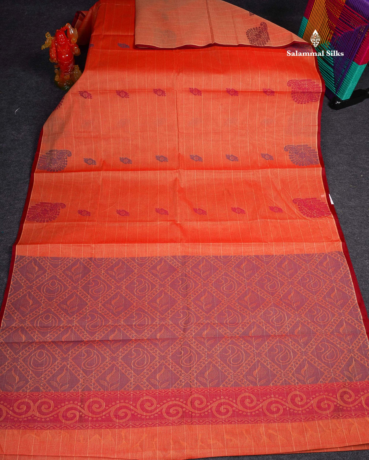 Pure Cotton Saree - Redish Orange Colour Body Lines With Fancy Thread Work Buttas