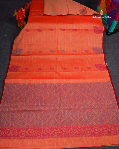 Pure Cotton Saree - Redish Orange Colour Body Lines With Fancy Thread Work Buttas
