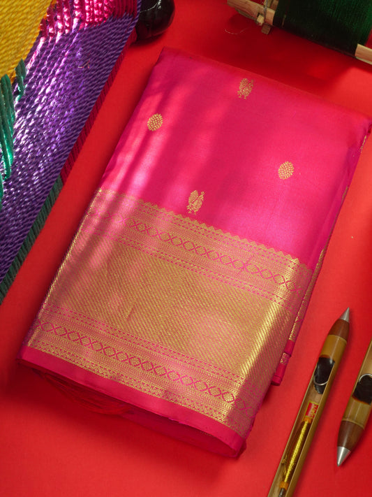 Dual tone Reddish Pink Pure Kanjivaram Silk Saree with Gold Zari Border