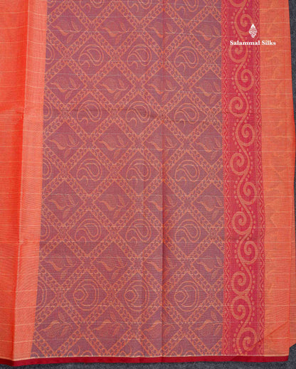 Pure Cotton Saree - Redish Orange Colour Body Lines With Fancy Thread Work Buttas