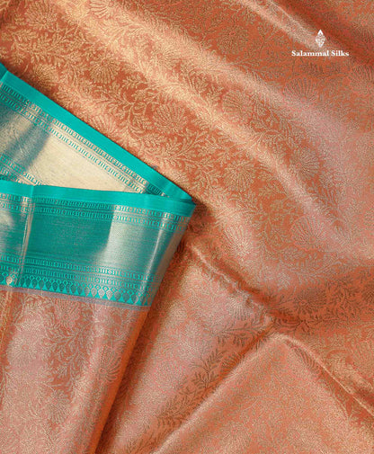 Beautiful Peach Tissue Bridal Semi Silk Saree With Contrast Sapphire Green Traditional Evening Morning Border