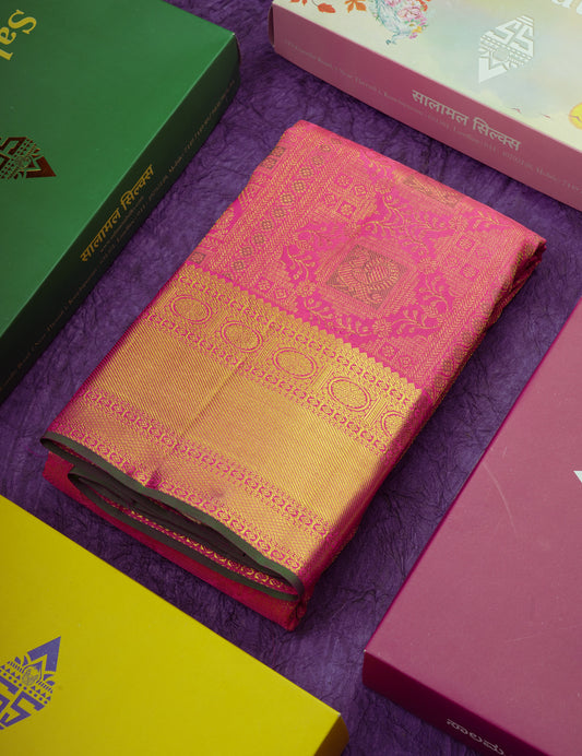 Beautiful Pink Bridal Pure Kanjivaram Silk Saree With Meenakari Work