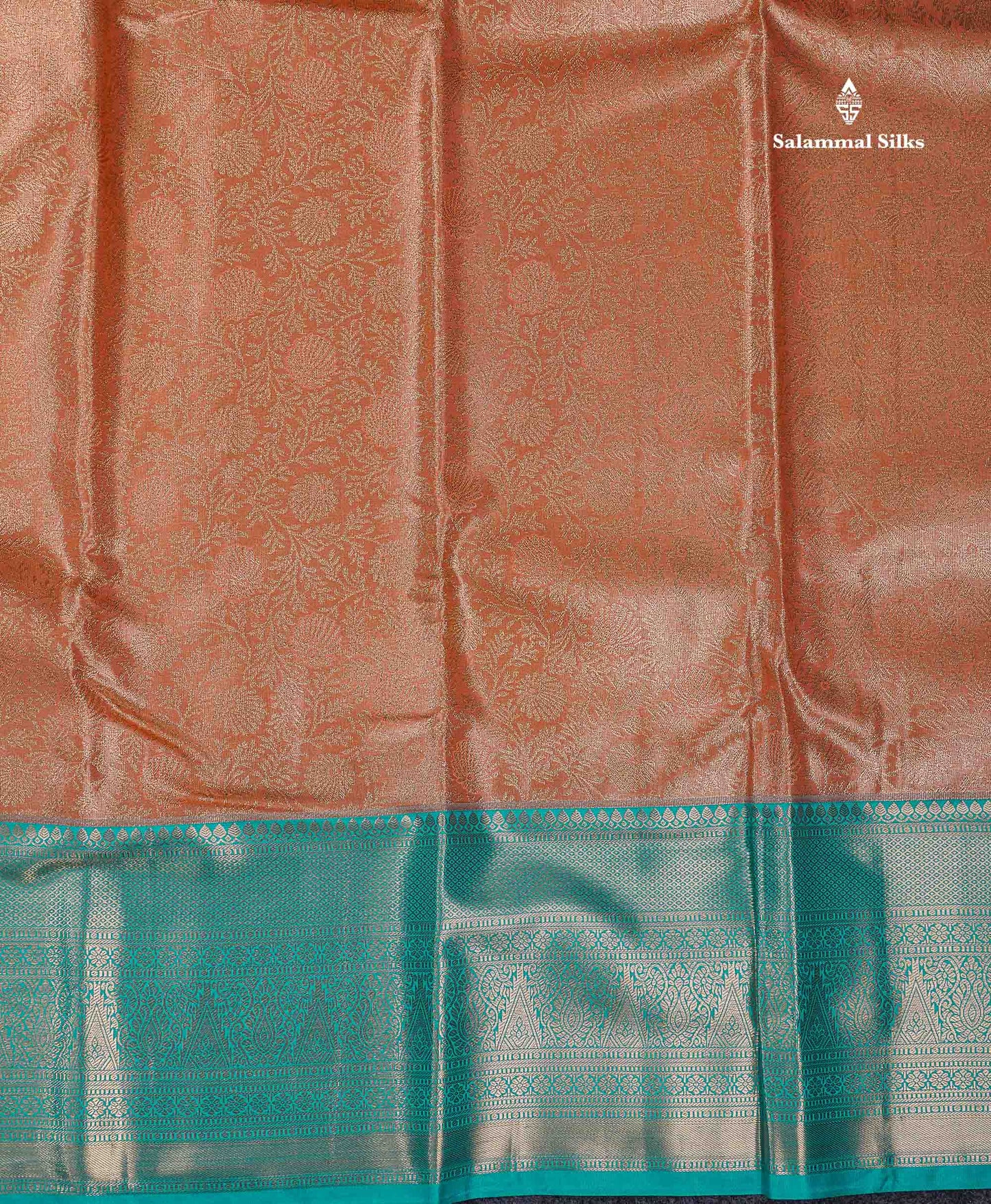 Beautiful Peach Tissue Bridal Semi Silk Saree With Contrast Sapphire Green Traditional Evening Morning Border
