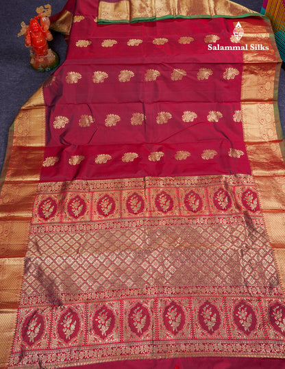 Beautiful Dark Maroon Pure Kanjivaram Silk Saree With Traditional Border