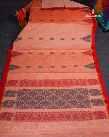 Pure Cotton Saree - Peach Colour Body Thread Work Butta With Temple Border