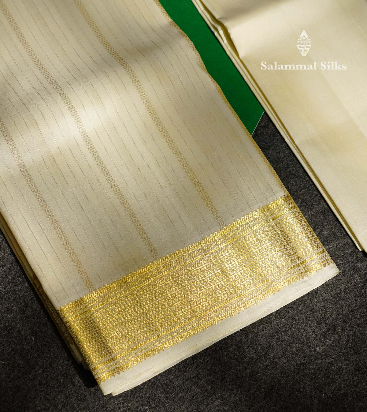 Premium White Traditional Gold And Silver Lines Handloom Pure Kanjivaram Silk (9x5) Dhoti, Angavastram & Shirt (2.50M) With Border