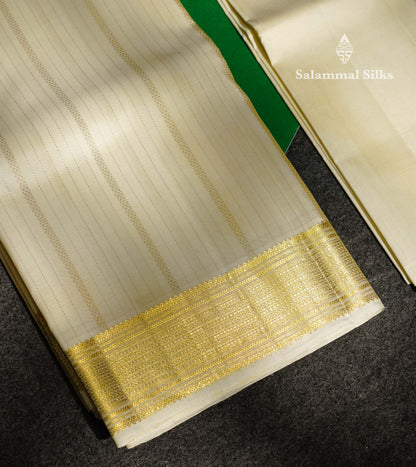 Premium White Traditional Gold And Silver Lines Handloom Pure Kanjivaram Silk (9x5) Dhoti, Angavastram & Shirt (2.50M) With Border
