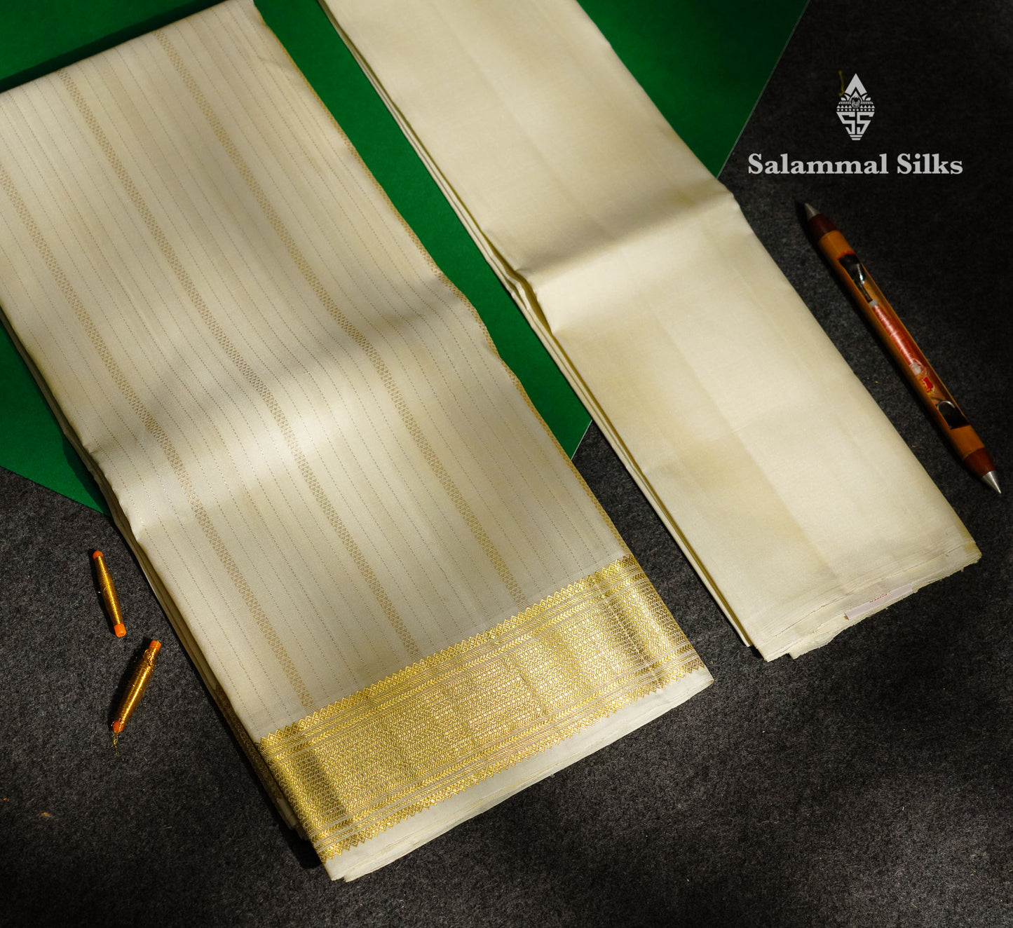 Premium White Traditional Gold And Silver Lines Handloom Pure Kanjivaram Silk (9x5) Dhoti, Angavastram & Shirt (2.50M) With Border