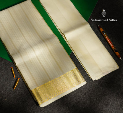 Premium White Traditional Gold And Silver Lines Handloom Pure Kanjivaram Silk (9x5) Dhoti, Angavastram & Shirt (2.50M) With Border