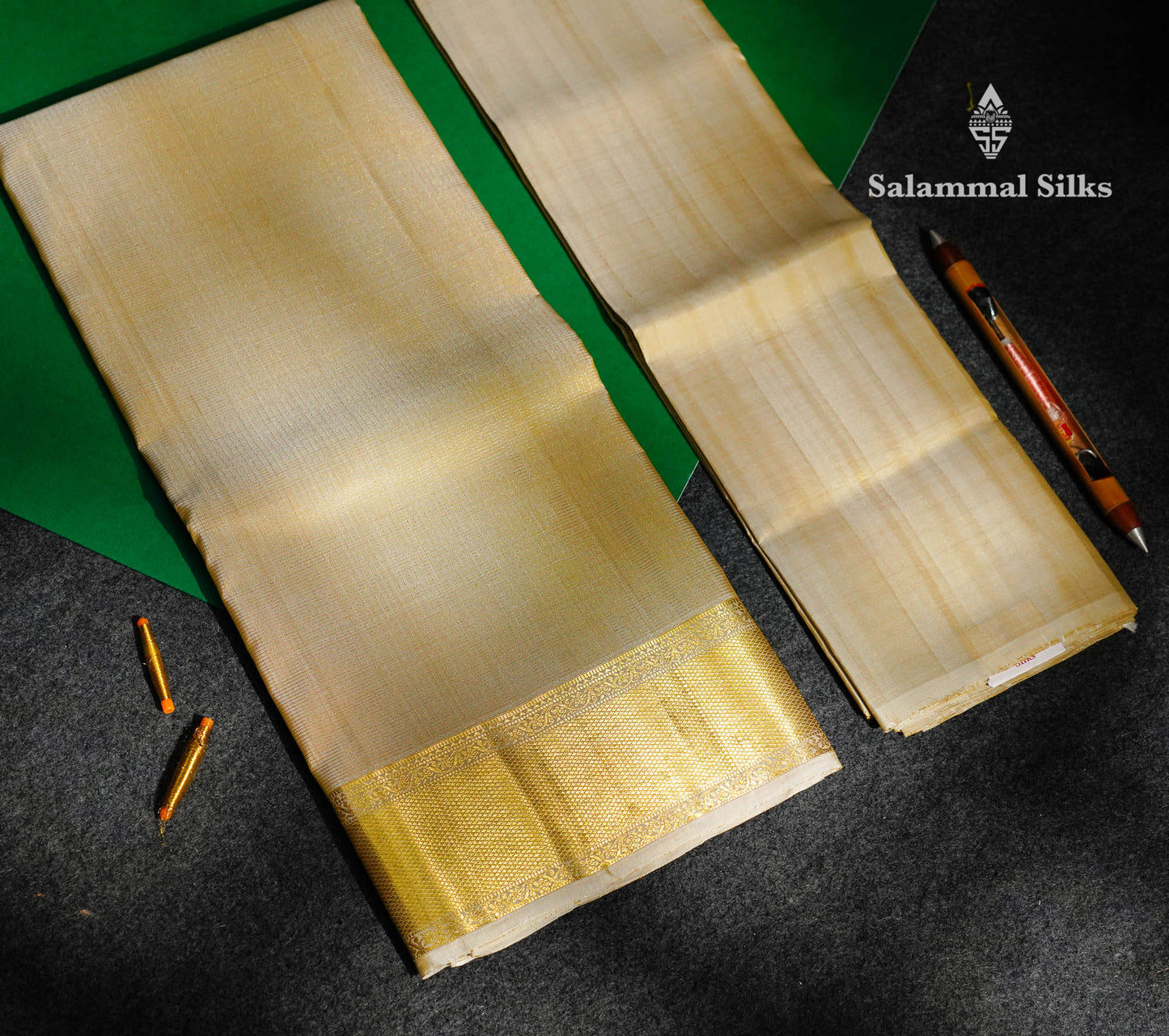 Premium Gold Traditional Checks Handloom Pure Kanjivaram Silk (9x5) Dhoti, Angavastram & Shirt (2.50M) With Border