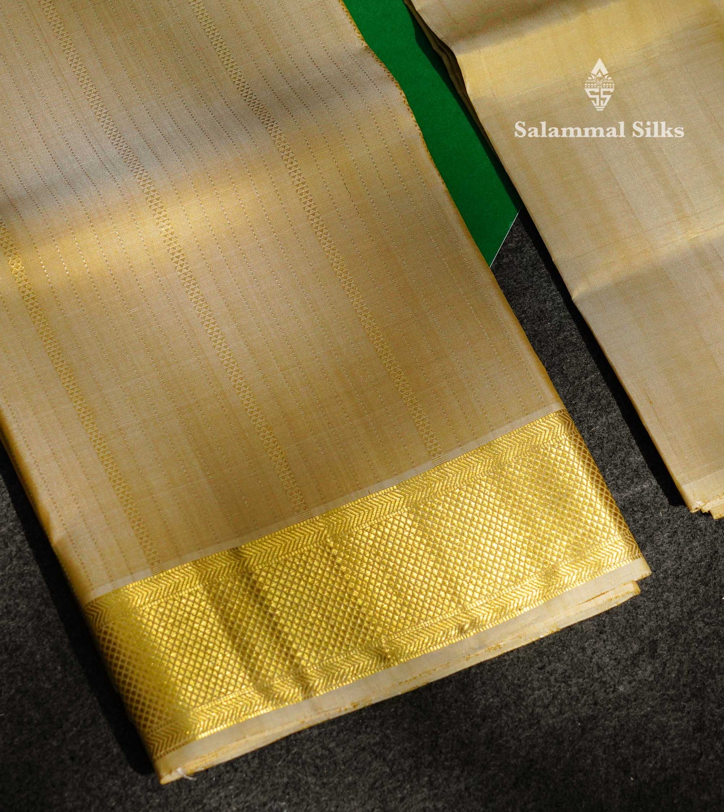 Premium Cream Gold Traditional Gold And Silver Lines Handloom Pure Kanjivaram Silk (9x5) Dhoti, Angavastram & Shirt (2.50M) With Border
