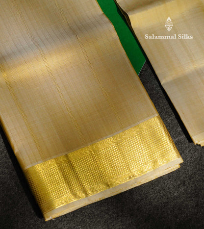 Premium Cream Gold Traditional Gold And Silver Lines Handloom Pure Kanjivaram Silk (9x5) Dhoti, Angavastram & Shirt (2.50M) With Border