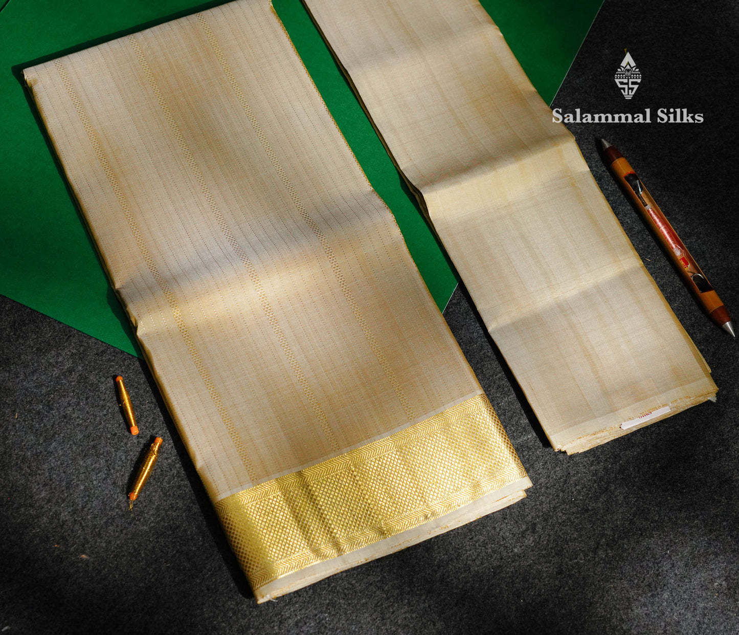 Premium Cream Gold Traditional Gold And Silver Lines Handloom Pure Kanjivaram Silk (9x5) Dhoti, Angavastram & Shirt (2.50M) With Border