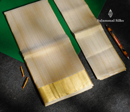 Premium Cream Gold Traditional Gold And Silver Lines Handloom Pure Kanjivaram Silk (9x5) Dhoti, Angavastram & Shirt (2.50M) With Border