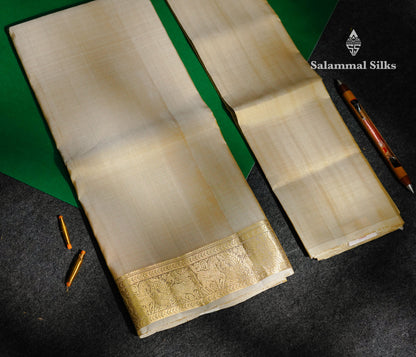 Premium Cream Gold Plain Handloom Pure Kanjivaram Silk (9x5) Dhoti, Angavastram & Shirt (2.50M) With Traditional Border