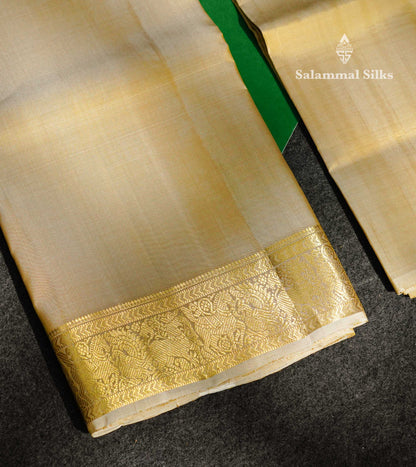 Premium Cream Gold Plain Handloom Pure Kanjivaram Silk (9x5) Dhoti, Angavastram & Shirt (2.50M) With Traditional Border