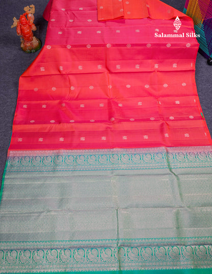 Beautiful Pink Fancy Pure Kanjivaram Silk Saree With Contrast Sapphire Green Blouse