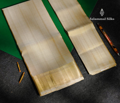 Premium Cream Gold Plain Handloom Pure Kanjivaram Silk (9x5) Dhoti, Angavastram & Shirt (2.50M) With Traditional Border
