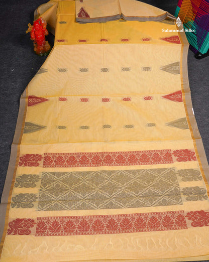 Pure Cotton Saree - Cream Yellow Colour Body Thread Work Butta With Temple Border