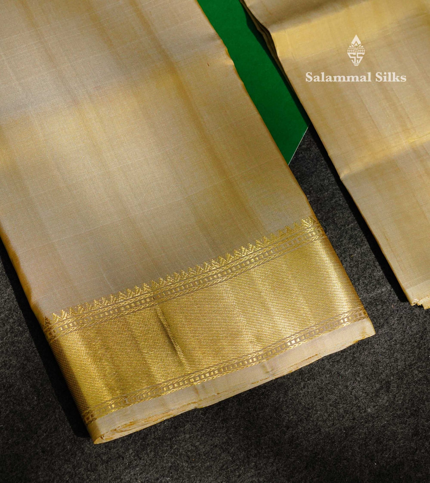 Premium Cream Gold Plain Handloom Pure Kanjivaram Silk (9x5) Dhoti, Angavastram & Shirt (2.50M) With Traditional Border