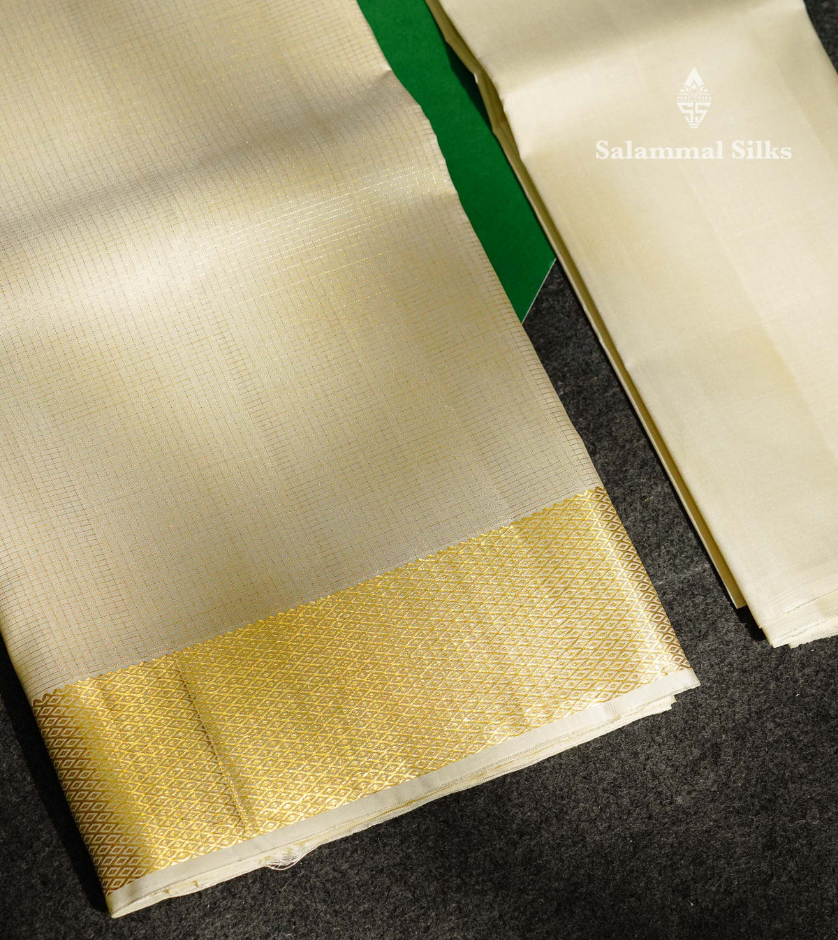 Premium White Traditional Checks Handloom Pure Kanjivaram Silk (9x5) Dhoti, Angavastram & Shirt (2.50M) With Border