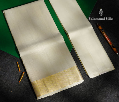 Premium White Traditional Checks Handloom Pure Kanjivaram Silk (9x5) Dhoti, Angavastram & Shirt (2.50M) With Border