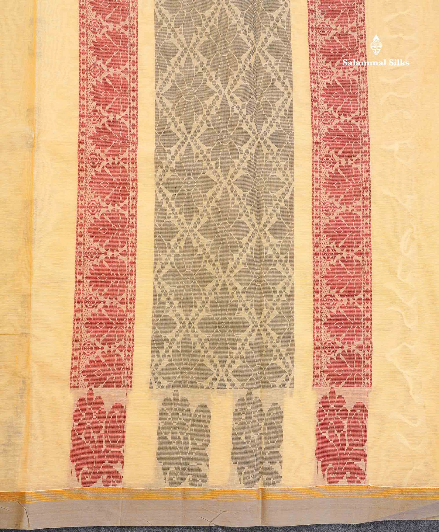 Pure Cotton Saree - Cream Yellow Colour Body Thread Work Butta With Temple Border
