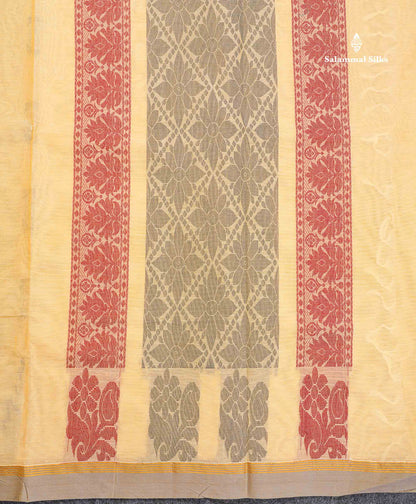 Pure Cotton Saree - Cream Yellow Colour Body Thread Work Butta With Temple Border