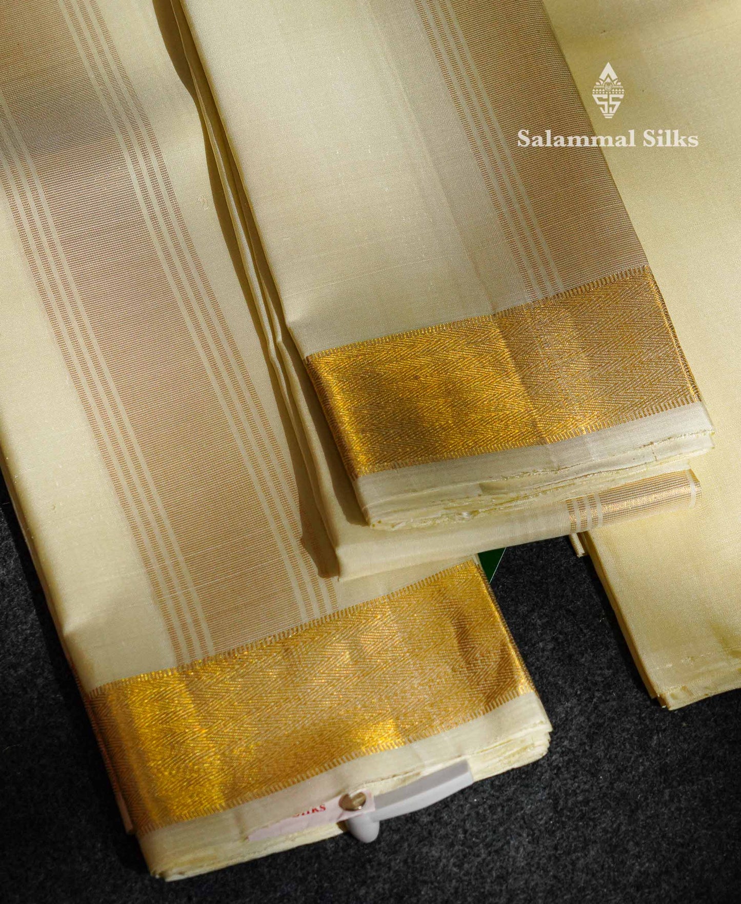 Half White Pure Silk (8x4) Dhoti, Angavastram & Shirt (2.50M) with Gold Zari Border
