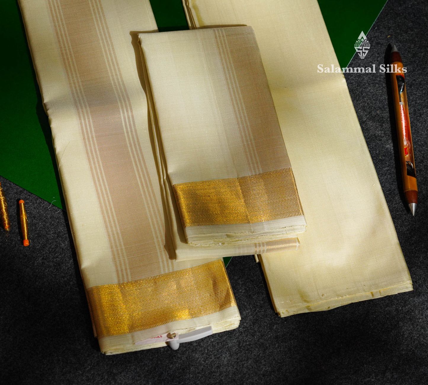 Cream White Pure Silk Dhoti (8x4) Yards with Gold Zari Border
