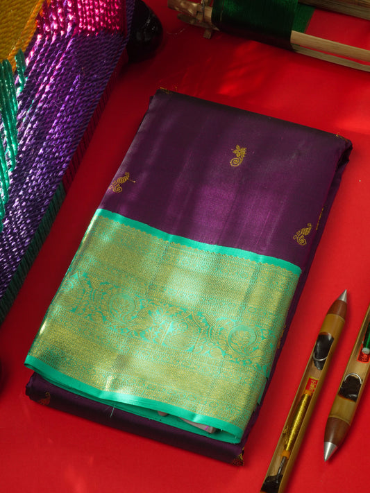 Kanjivaram Beautiful Violet Pure Silk Saree With Contrast Rexona Green Korvai Border
