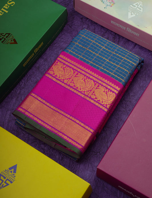 Kanjivaram Beautiful Anandha Blue Checks Pure Silk Saree With Korvai Magenta Rose  Border